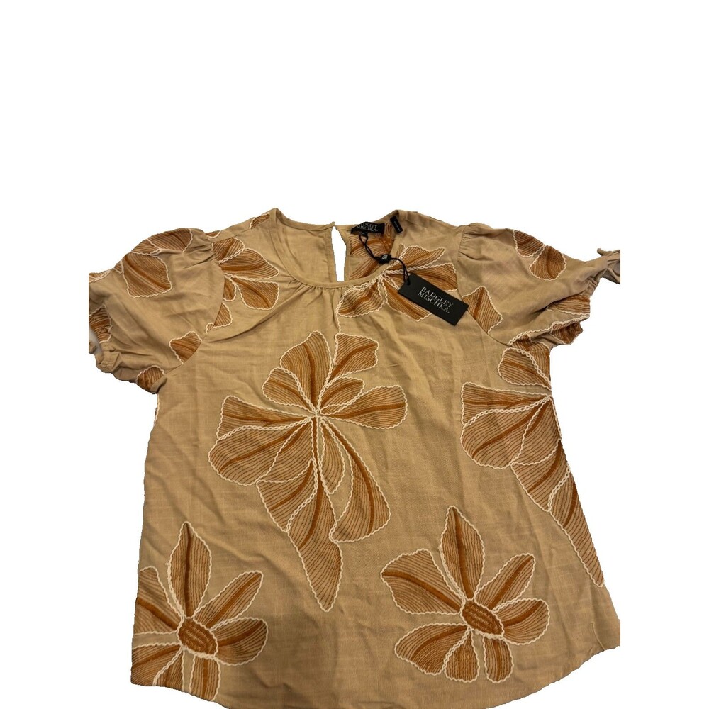 NWT - Badgley Mischka Embroidered Floral Linen Blend Blouse SIZE LARGE